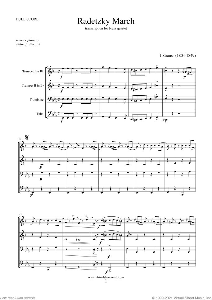 Radetzky March (COMPLETE) (NEW EDITION) sheet music for brass quartet by Johann Strauss, classical score, intermediate/advanced skill level