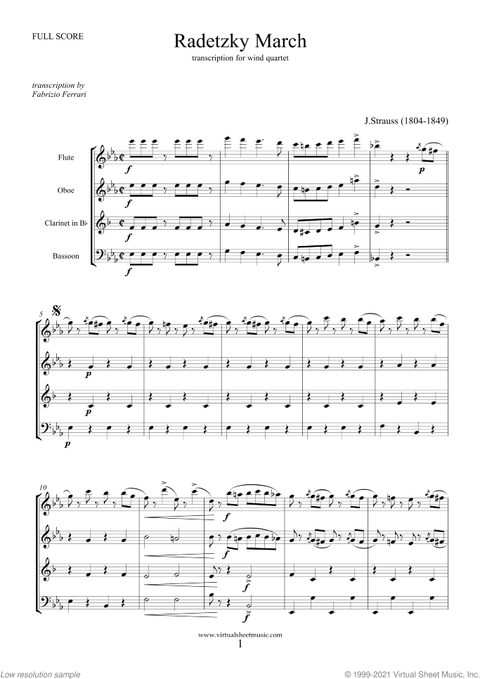 Radetzky March (f.score) sheet music for wind quartet by Johann Strauss, classical score, intermediate skill level