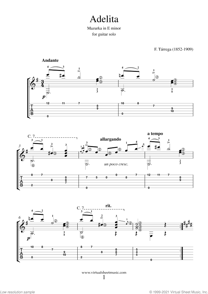 Adelita sheet music for guitar solo by Francisco Tarrega, classical score, intermediate skill level