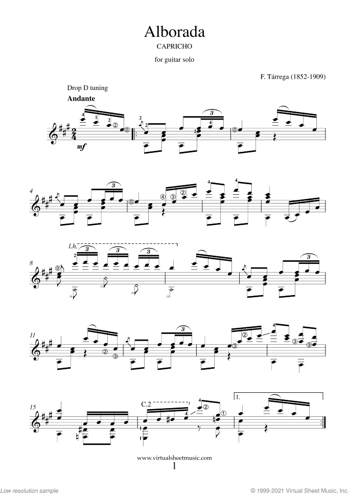 Alborada (Capricho) sheet music for guitar solo by Francisco Tarrega, classical score, advanced skill level