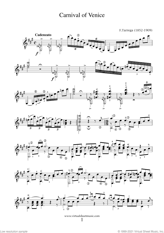 Carnival of Venice sheet music for guitar solo by Francisco Tarrega, classical score, intermediate/advanced skill level