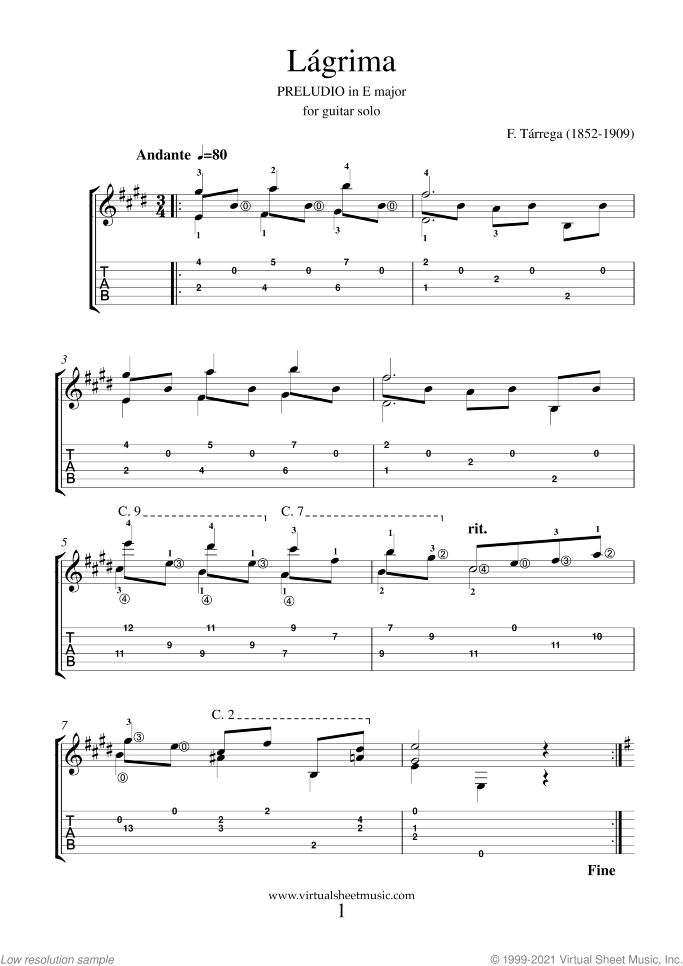 Lagrima sheet music for guitar solo by Francisco Tarrega, classical score, easy/intermediate skill level