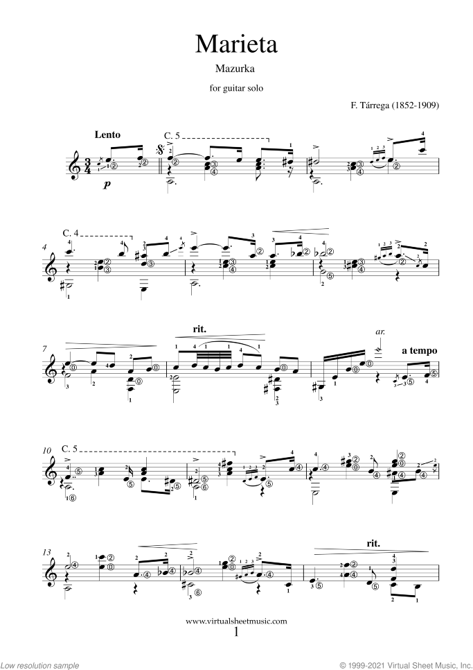 Marieta Mazurka in A minor sheet music for guitar solo by Francisco Tarrega, classical score, intermediate/advanced skill level