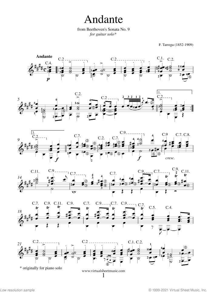 Andante from Sonata No. 9 sheet music for guitar solo by Francisco Tarrega, classical score, intermediate/advanced skill level