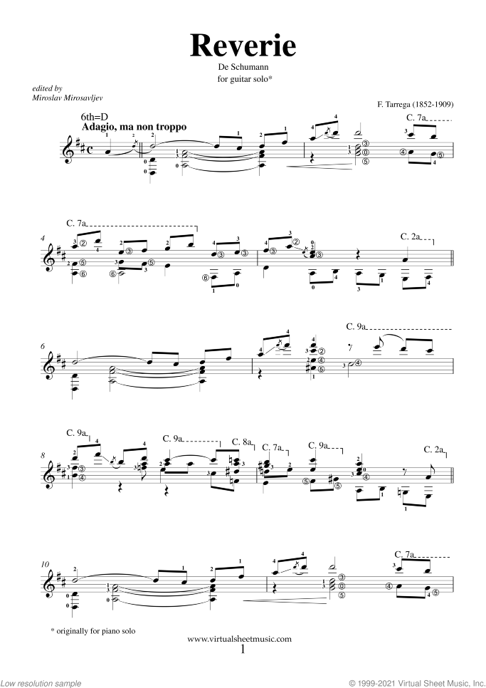 Reverie De Schumann sheet music for guitar solo by Francisco Tarrega, classical score, intermediate/advanced skill level