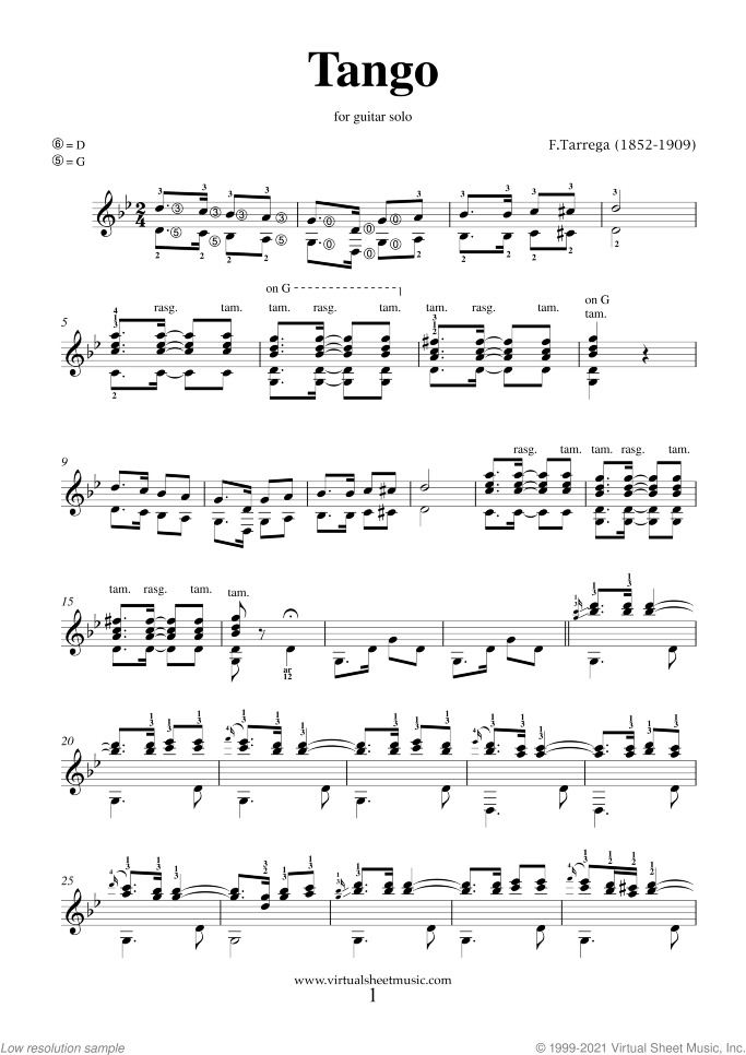Tango sheet music for guitar solo by Francisco Tarrega, classical score, intermediate/advanced skill level