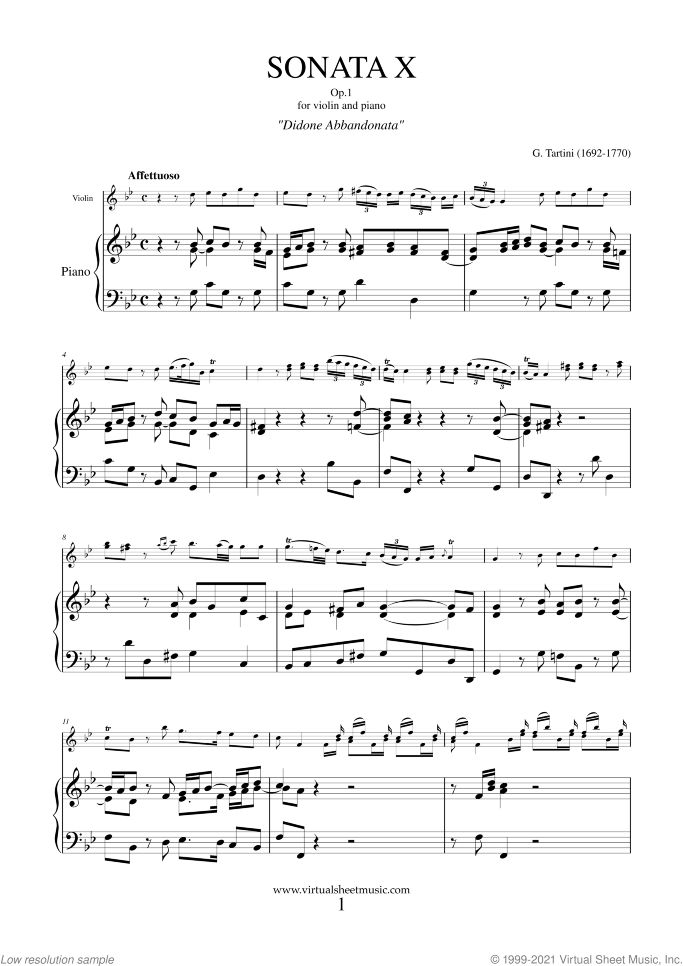 Sonata Op.1 No.10 sheet music for violin and piano by Giuseppe Tartini, classical score, intermediate skill level