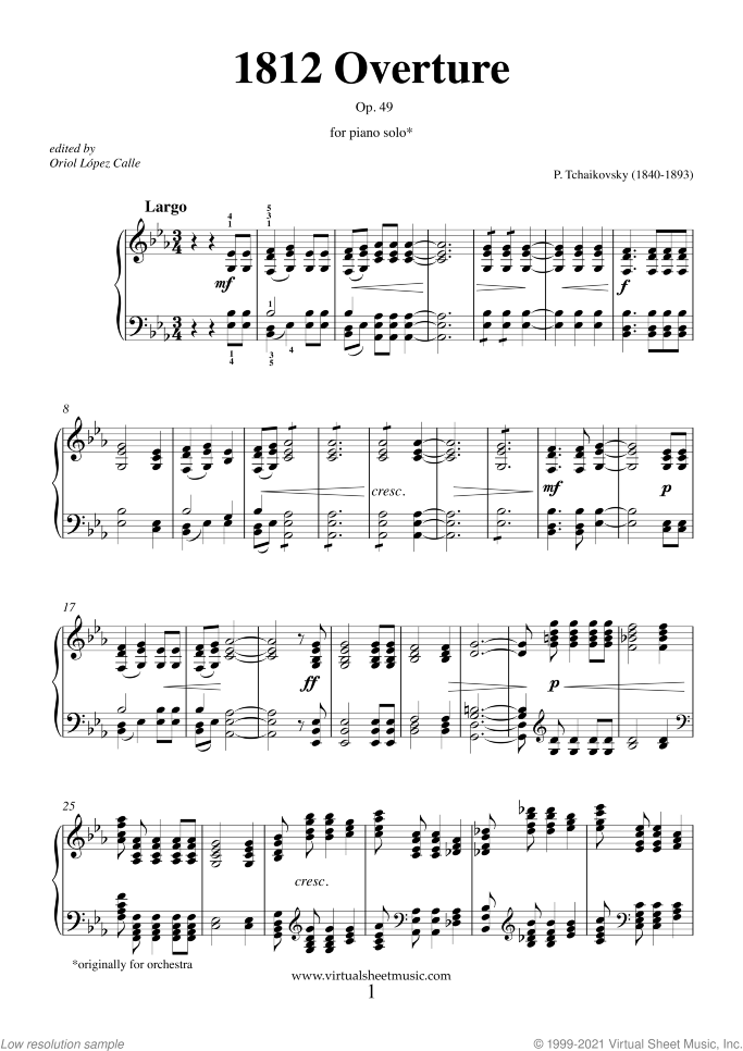 1812 Overture Op.49 sheet music for piano solo by Pyotr Ilyich Tchaikovsky, classical score, intermediate/advanced skill level