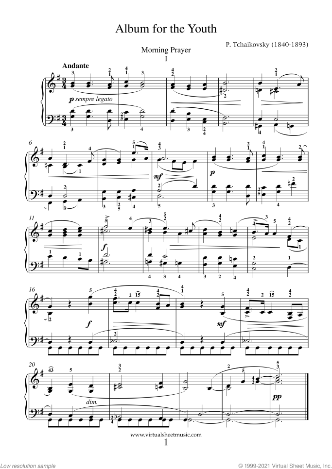 Album for the Youth sheet music for piano solo by Pyotr Ilyich Tchaikovsky, classical score, easy skill level