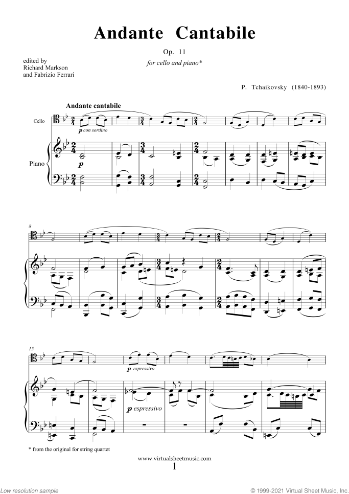 Andante Cantabile sheet music for cello and piano by Pyotr Ilyich Tchaikovsky, classical score, intermediate skill level