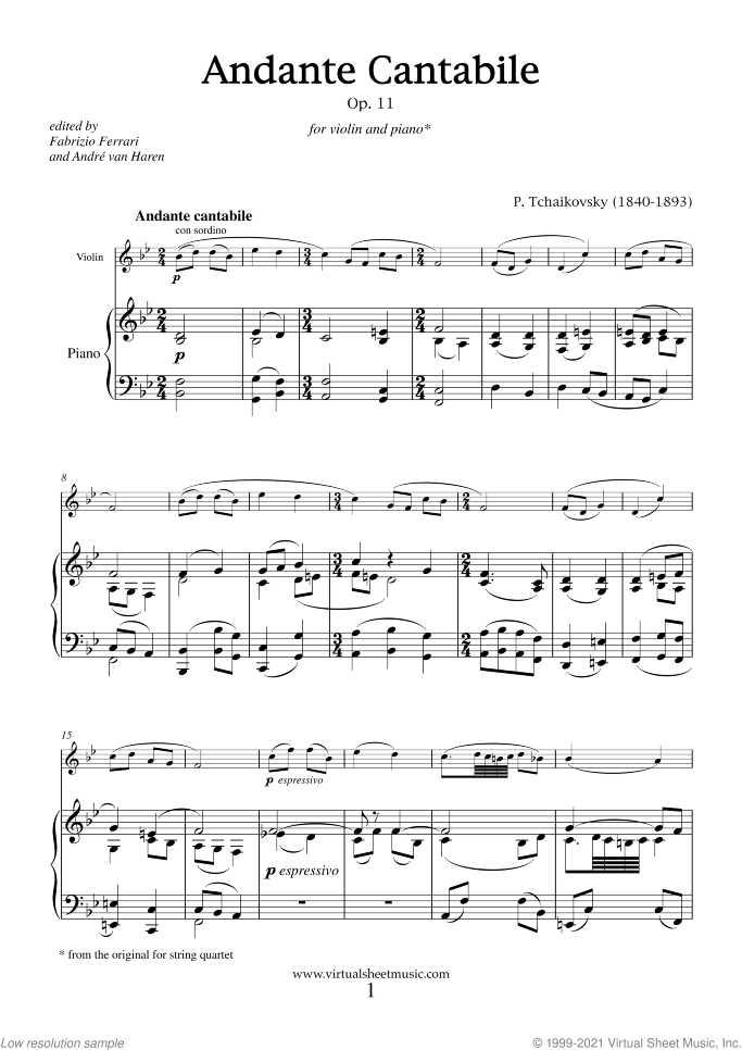 Andante Cantabile sheet music for violin and piano by Pyotr Ilyich Tchaikovsky, classical score, intermediate skill level
