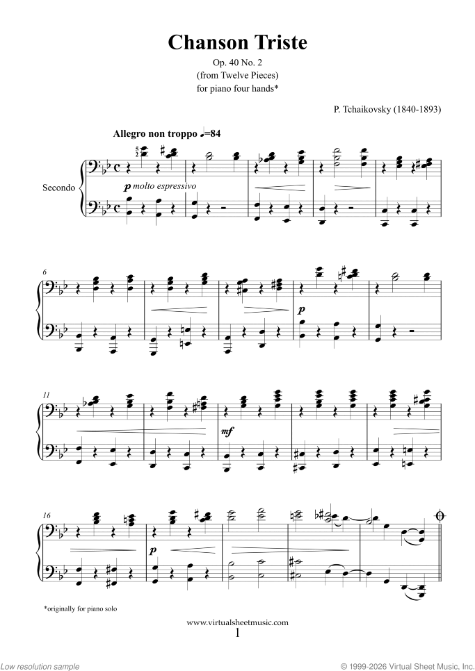 Chanson Triste Op. 40 No. 2 sheet music for piano four hands by Pyotr Ilyich Tchaikovsky, classical score, easy skill level