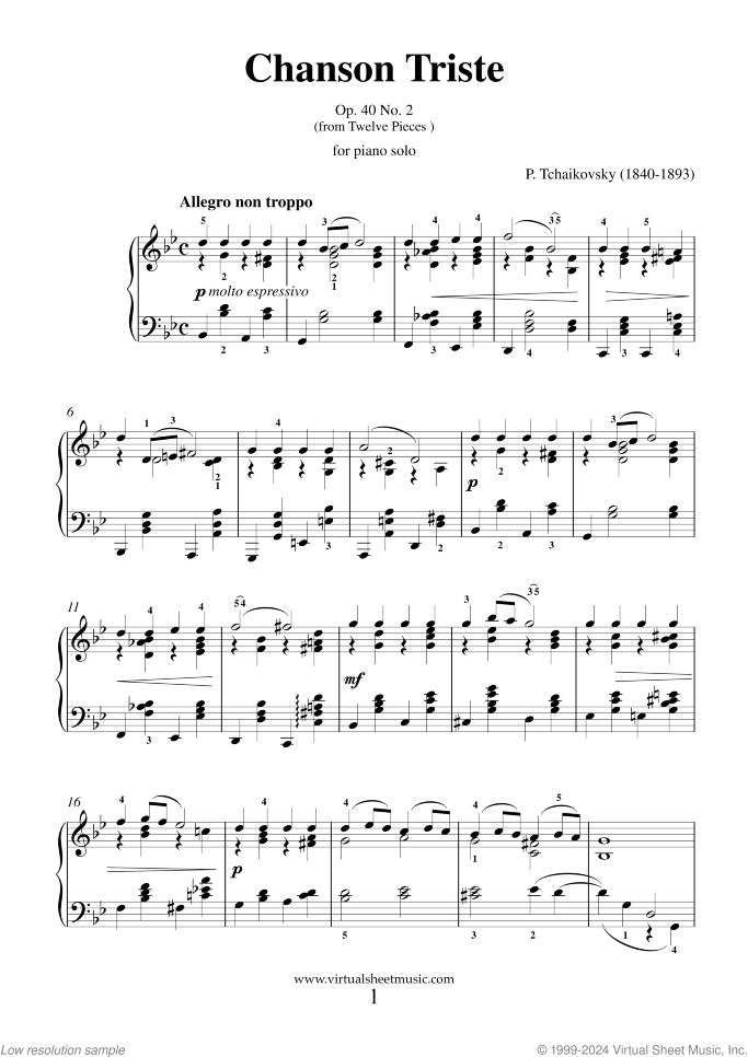 Chanson Triste Op. 40 No. 2 sheet music for piano solo by Pyotr Ilyich Tchaikovsky, classical score, easy skill level