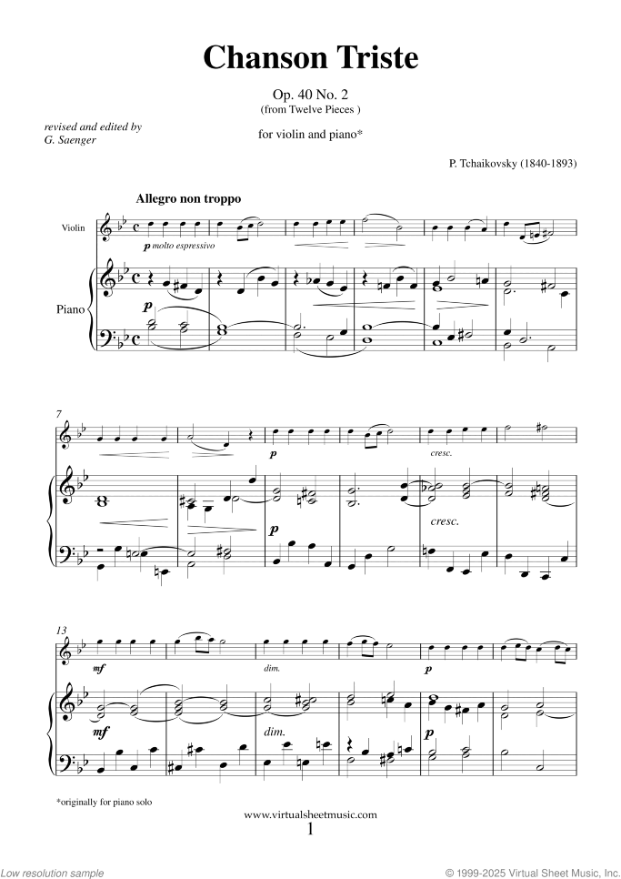 Chanson Triste Op. 40 No. 2 sheet music for violin and piano by Pyotr Ilyich Tchaikovsky, classical score, easy skill level