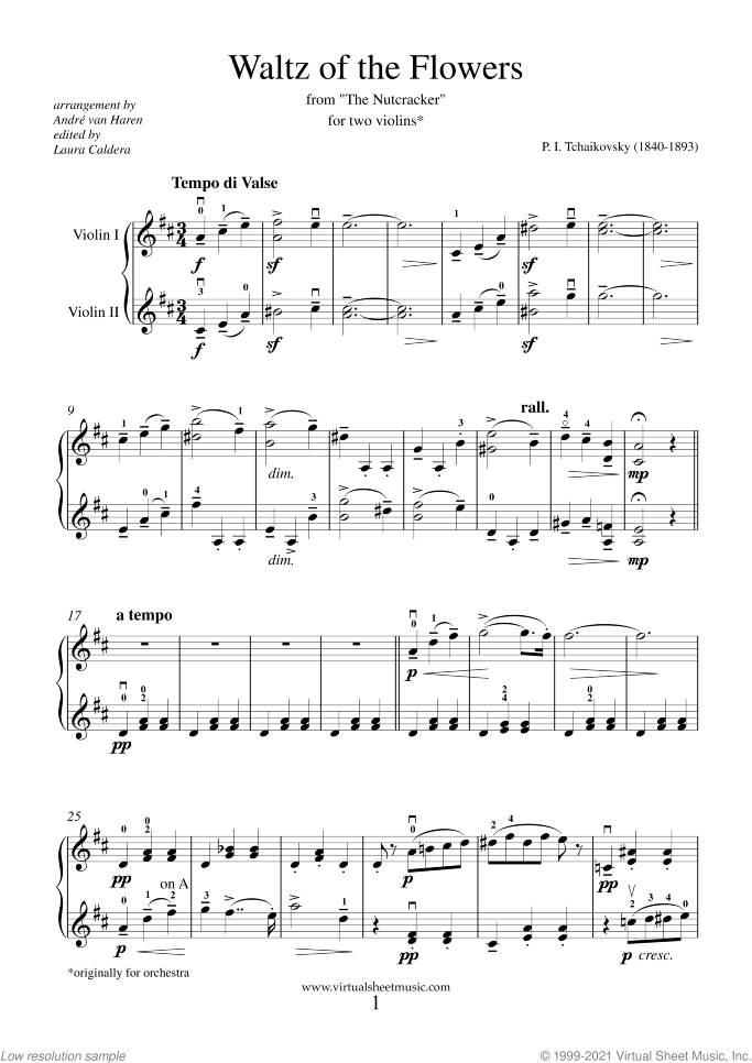 Waltz of the Flowers sheet music for two violins by Pyotr Ilyich Tchaikovsky, classical score, intermediate/advanced duet