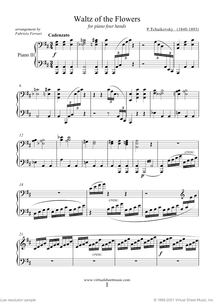 Waltz of the Flowers sheet music for piano four hands by Pyotr Ilyich Tchaikovsky, classical score, intermediate skill level