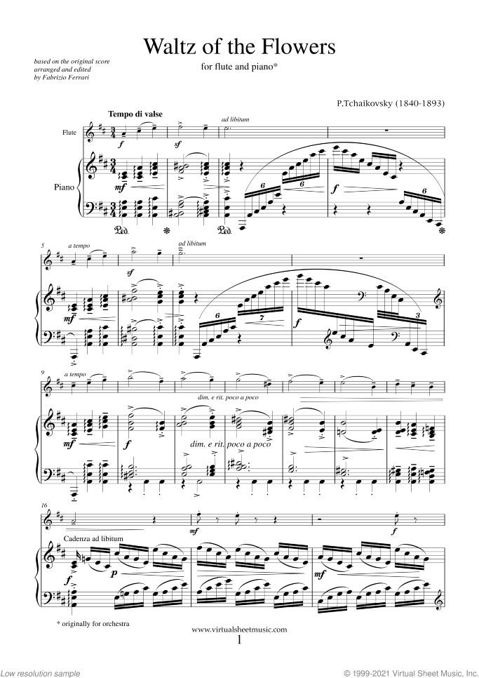 Waltz of the Flowers sheet music for flute and piano by Pyotr Ilyich Tchaikovsky, classical score, intermediate/advanced skill level