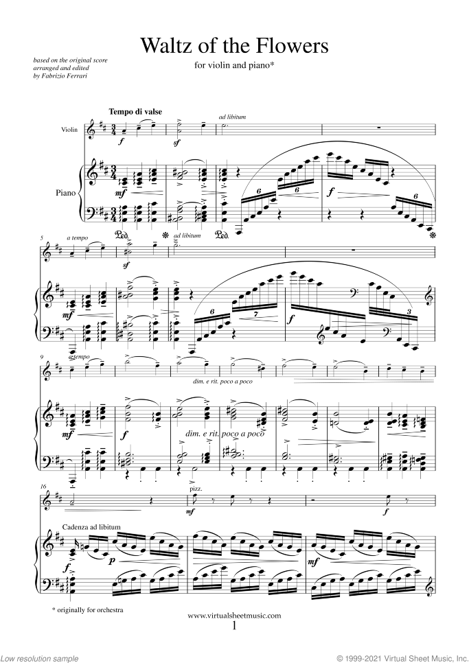 Waltz of the Flowers sheet music for violin and piano by Pyotr Ilyich Tchaikovsky, classical score, intermediate/advanced skill level
