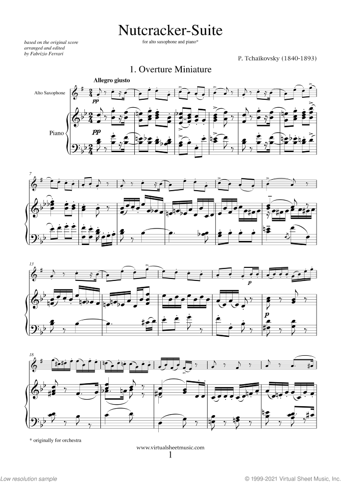 Nutcracker Suite sheet music for alto saxophone and piano by Pyotr Ilyich Tchaikovsky, classical score, intermediate/advanced skill level
