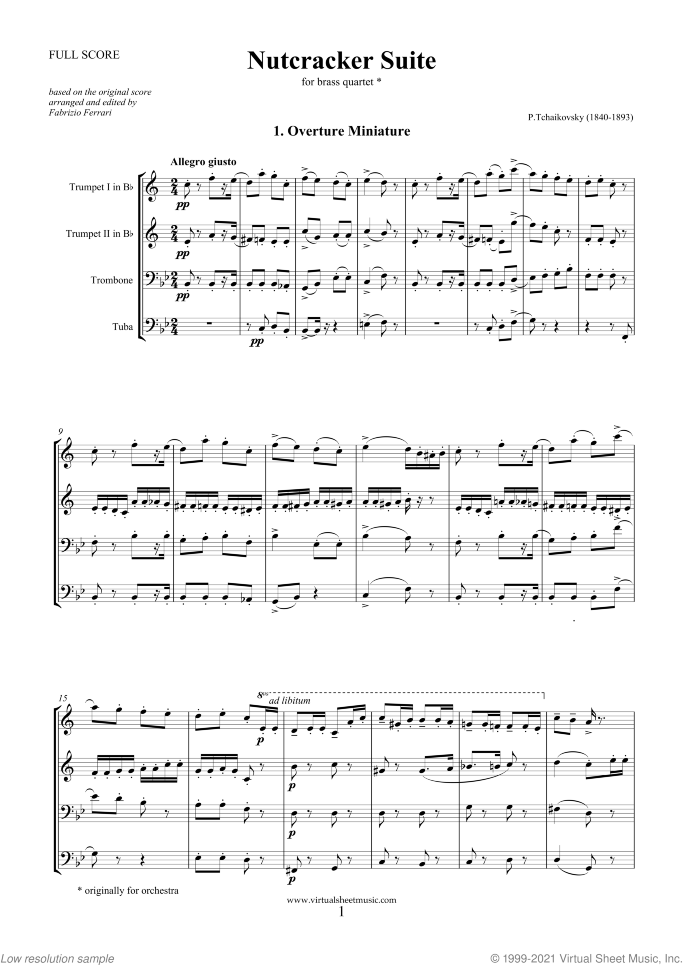 Nutcracker Suite (COMPLETE) sheet music for brass quartet by Pyotr Ilyich Tchaikovsky, classical score, intermediate/advanced skill level