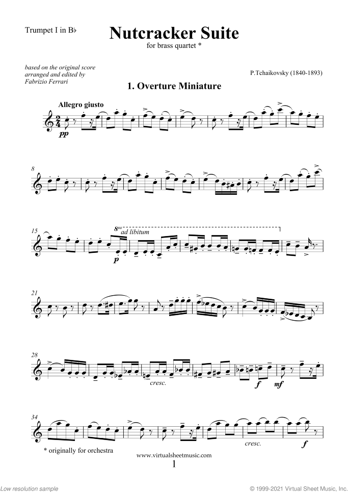Nutcracker Suite (parts) sheet music for brass quartet by Pyotr Ilyich Tchaikovsky, classical score, intermediate/advanced skill level