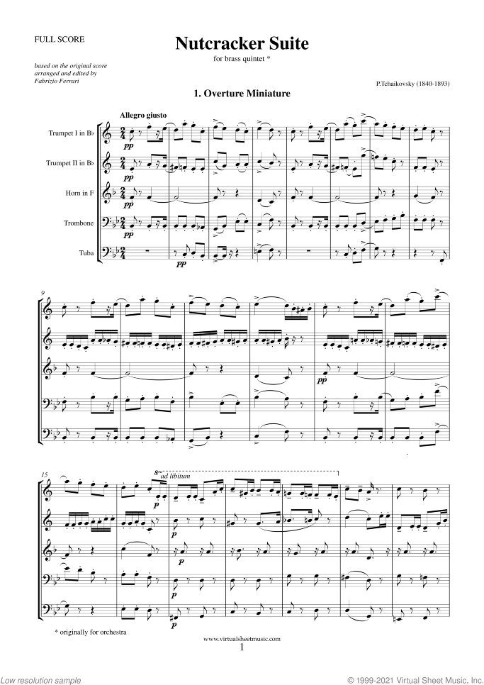 Nutcracker Suite (f.score) sheet music for brass quintet by Pyotr Ilyich Tchaikovsky, classical score, intermediate/advanced skill level
