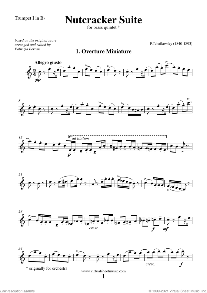 Nutcracker Suite (parts) sheet music for brass quintet by Pyotr Ilyich Tchaikovsky, classical score, intermediate/advanced skill level