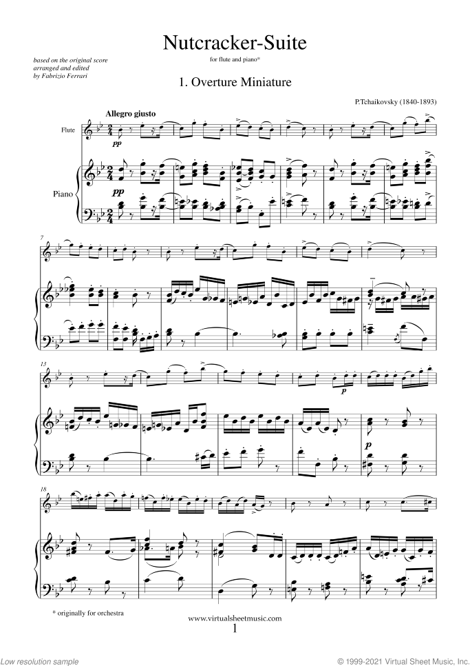 Nutcracker Suite sheet music for flute and piano by Pyotr Ilyich Tchaikovsky, classical score, intermediate/advanced skill level