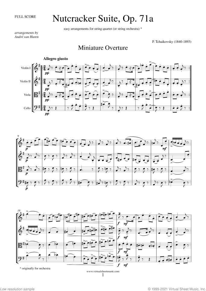 Nutcracker Suite sheet music for string quartet by Pyotr Ilyich Tchaikovsky, classical score, easy/intermediate skill level