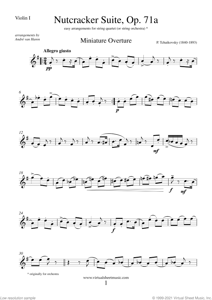 Nutcracker Suite sheet music for string quartet by Pyotr Ilyich Tchaikovsky, classical score, easy/intermediate skill level