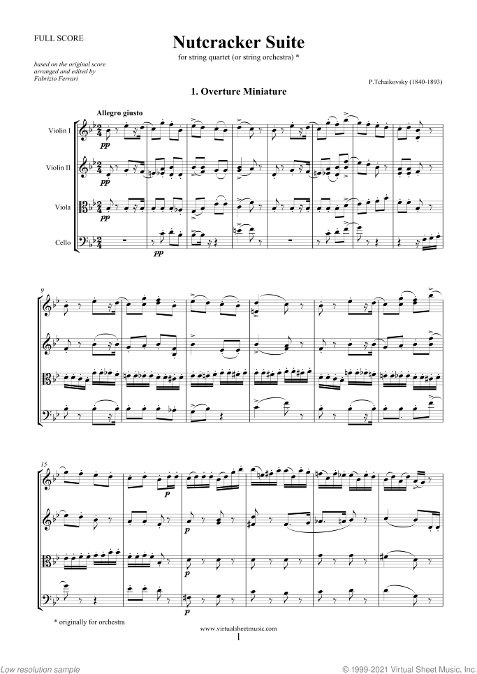 Nutcracker Suite (f.score) sheet music for string quartet or string orchestra by Pyotr Ilyich Tchaikovsky, classical score, intermediate/advanced skill level