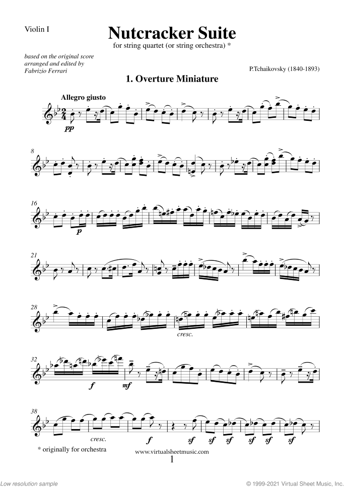 Nutcracker Suite (parts) sheet music for string quartet or string orchestra by Pyotr Ilyich Tchaikovsky, classical score, intermediate/advanced skill level