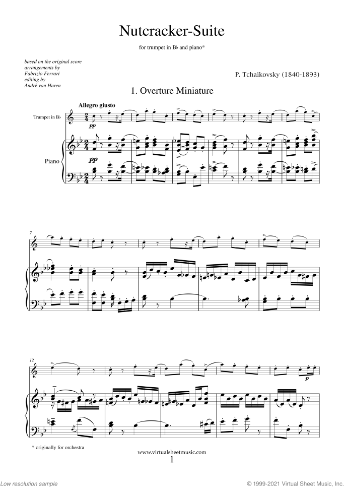 Nutcracker Suite sheet music for trumpet and piano by Pyotr Ilyich Tchaikovsky, classical score, intermediate/advanced skill level