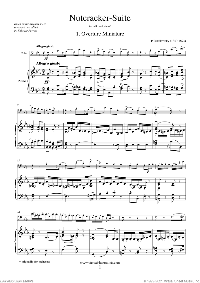 Nutcracker Suite sheet music for cello and piano by Pyotr Ilyich Tchaikovsky, classical score, intermediate skill level