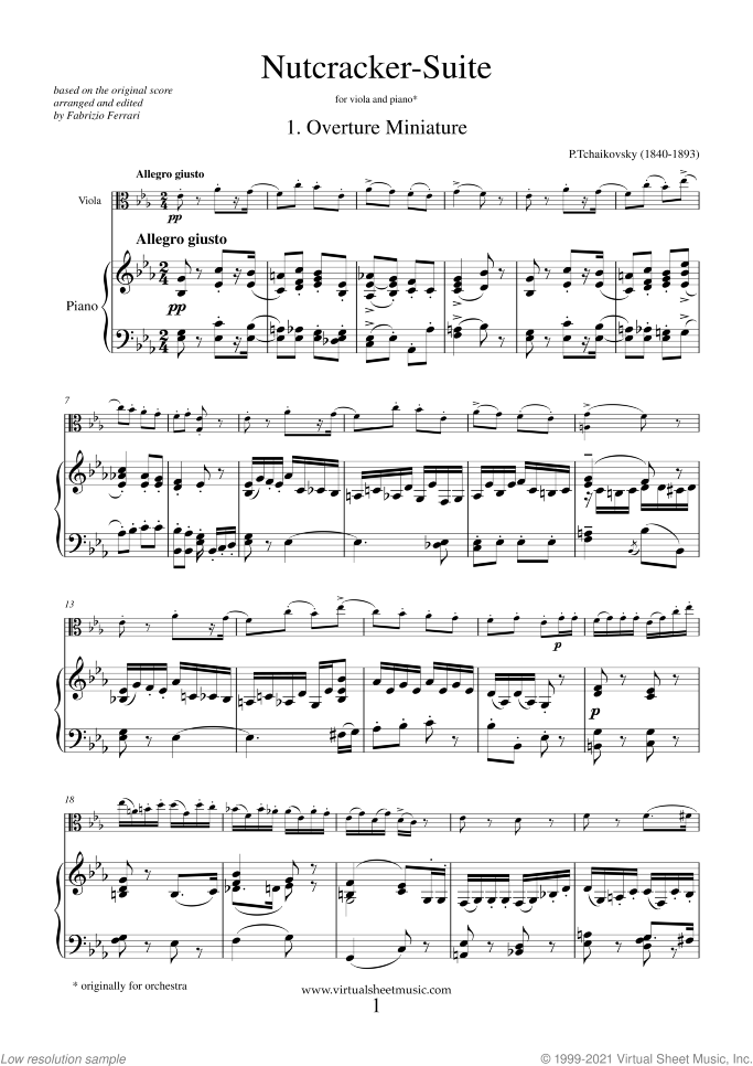 Nutcracker Suite sheet music for viola and piano by Pyotr Ilyich Tchaikovsky, classical score, intermediate skill level