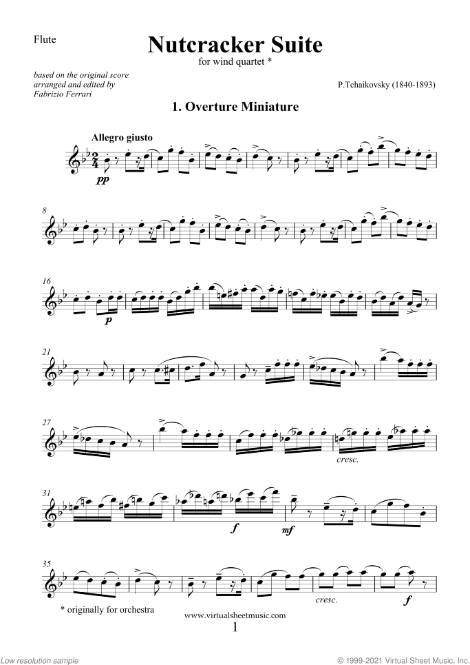 Nutcracker Suite (parts) sheet music for wind quartet by Pyotr Ilyich Tchaikovsky, classical score, intermediate/advanced skill level