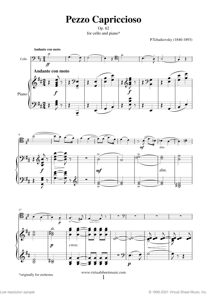 Pezzo Capriccioso sheet music for cello and piano by Pyotr Ilyich Tchaikovsky, classical score, intermediate skill level