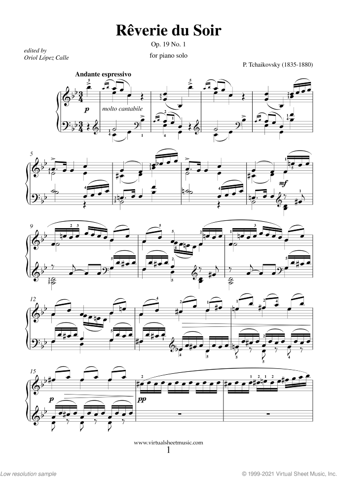 Reverie du Soir Op.19 No.1 sheet music for piano solo by Pyotr Ilyich Tchaikovsky, classical score, intermediate/advanced skill level