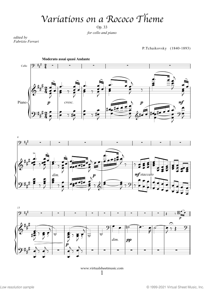 Variations on a Rococo Theme sheet music for cello and piano by Pyotr Ilyich Tchaikovsky, classical score, advanced skill level