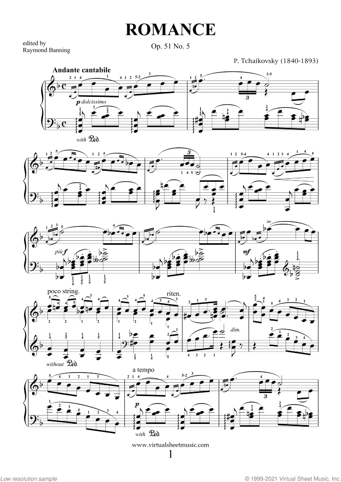 Romance Op.51 No.5 sheet music for piano solo by Pyotr Ilyich Tchaikovsky, classical score, intermediate/advanced skill level