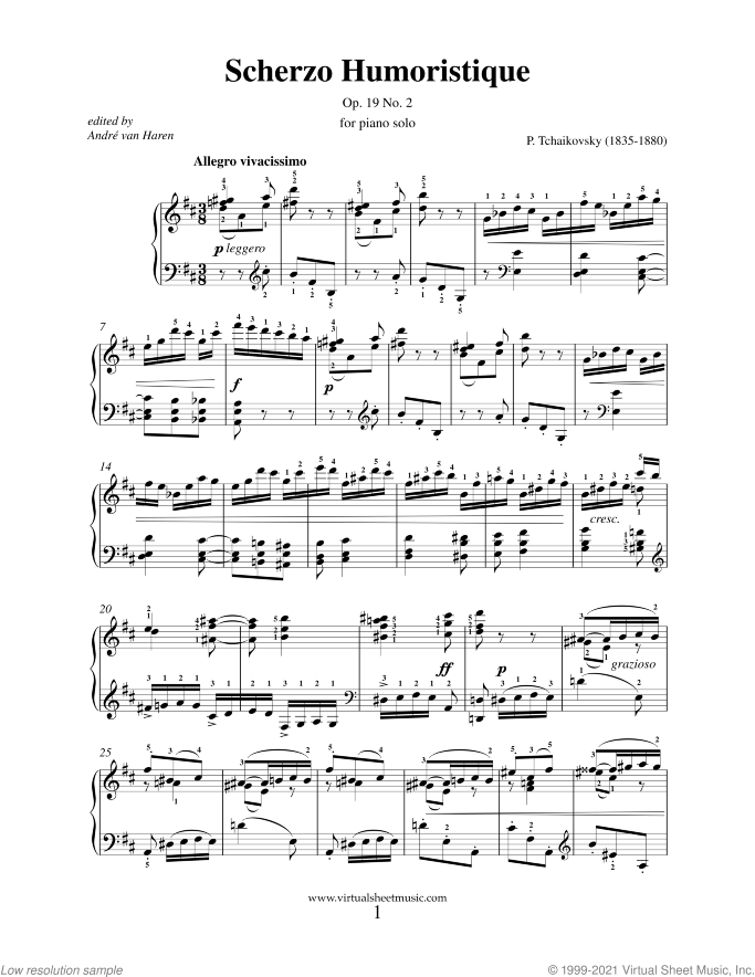 Scherzo Humoristique Op.19 No.2 sheet music for piano solo by Pyotr Ilyich Tchaikovsky, classical score, intermediate/advanced skill level