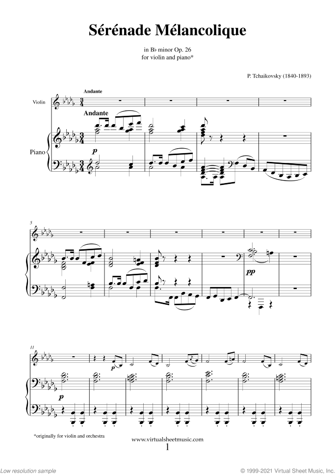 Serenade Melancolique sheet music for violin and piano by Pyotr Ilyich Tchaikovsky, classical score, intermediate/advanced skill level