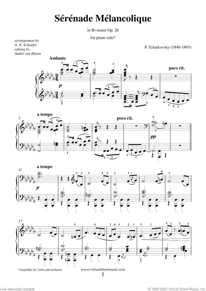 Serenade Melancolique sheet music for piano solo by Pyotr Ilyich Tchaikovsky, classical score, intermediate/advanced skill level
