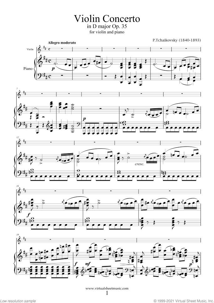 Concerto in D major Op.35 (New Edition) sheet music for violin and piano by Pyotr Ilyich Tchaikovsky, classical score, advanced skill level