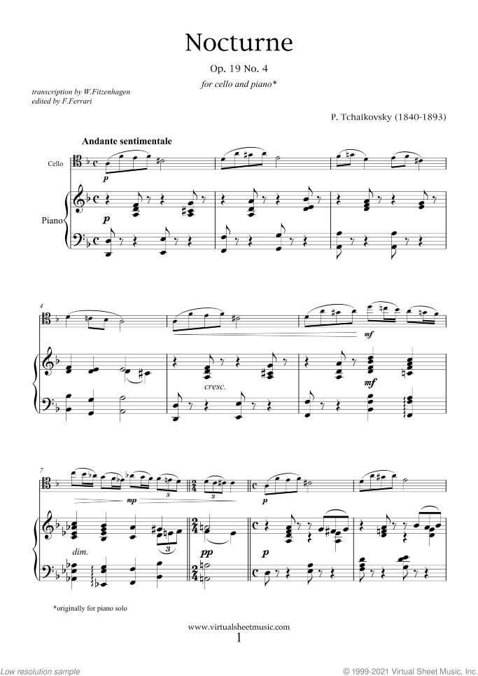 Nocturne sheet music for cello and piano by Pyotr Ilyich Tchaikovsky, classical score, intermediate/advanced skill level