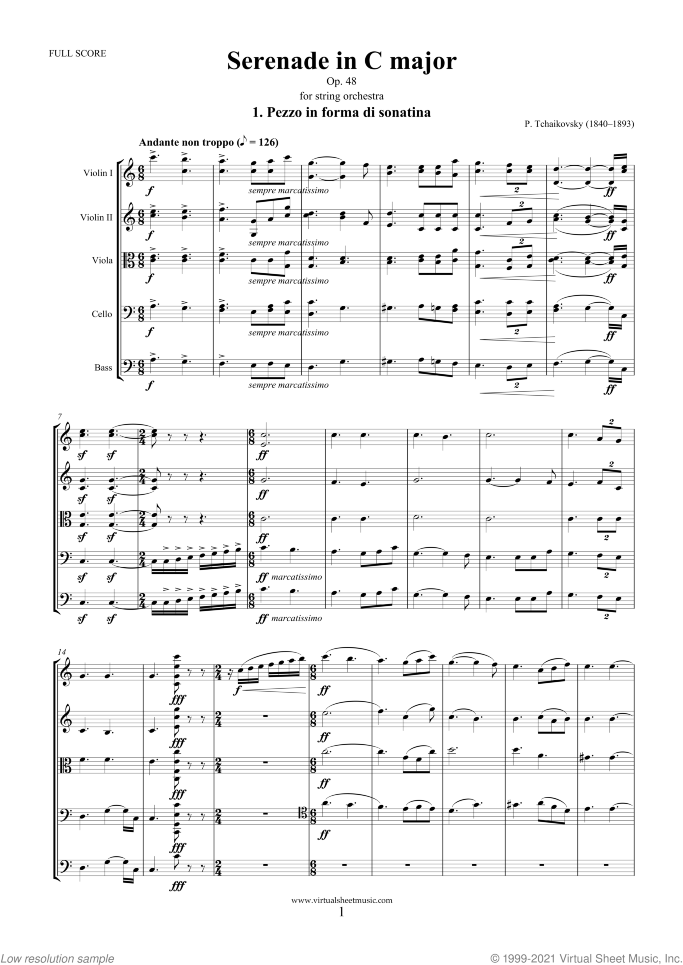 Serenade in C major Op.48 (COMPLETE) sheet music for string orchestra by Pyotr Ilyich Tchaikovsky, classical score, advanced skill level