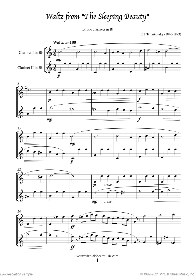 Waltz from The Sleeping Beauty sheet music for two clarinets by Pyotr Ilyich Tchaikovsky, classical score, easy duet