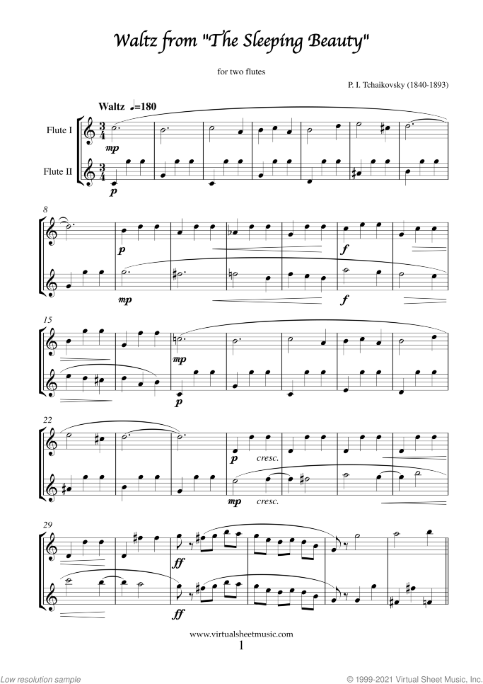 Waltz from The Sleeping Beauty sheet music for two flutes by Pyotr Ilyich Tchaikovsky, classical score, easy duet