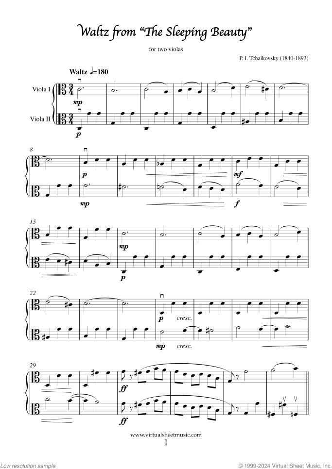 Waltz from The Sleeping Beauty sheet music for two violas by Pyotr Ilyich Tchaikovsky, classical score, easy duet