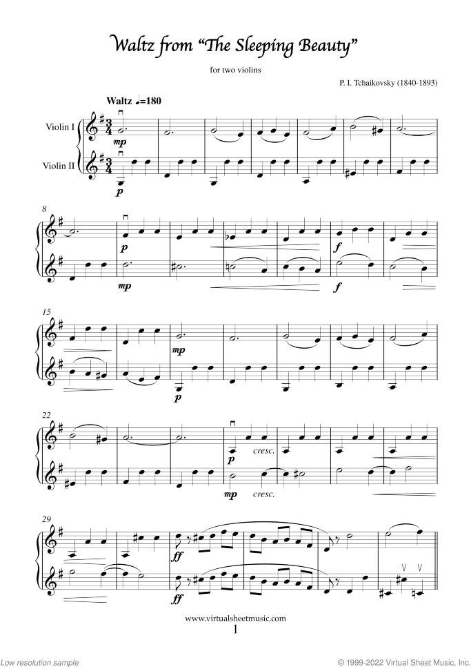 Waltz from The Sleeping Beauty sheet music for two violins by Pyotr Ilyich Tchaikovsky, classical score, easy duet